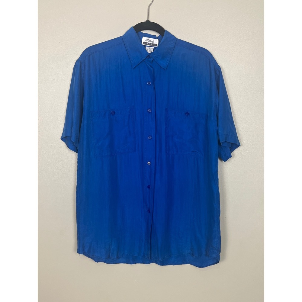 Marnie West Vintage Womens Royal Blue 100% Silk Short Sleeve Button Down Shirt S